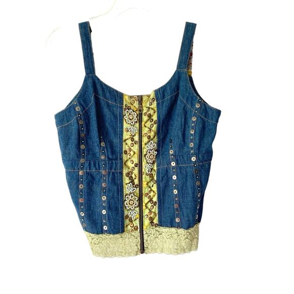 Aseesa Bohemian Festival Denim Jean Top Embellished Beaded Lace size large - Picture 1 of 8